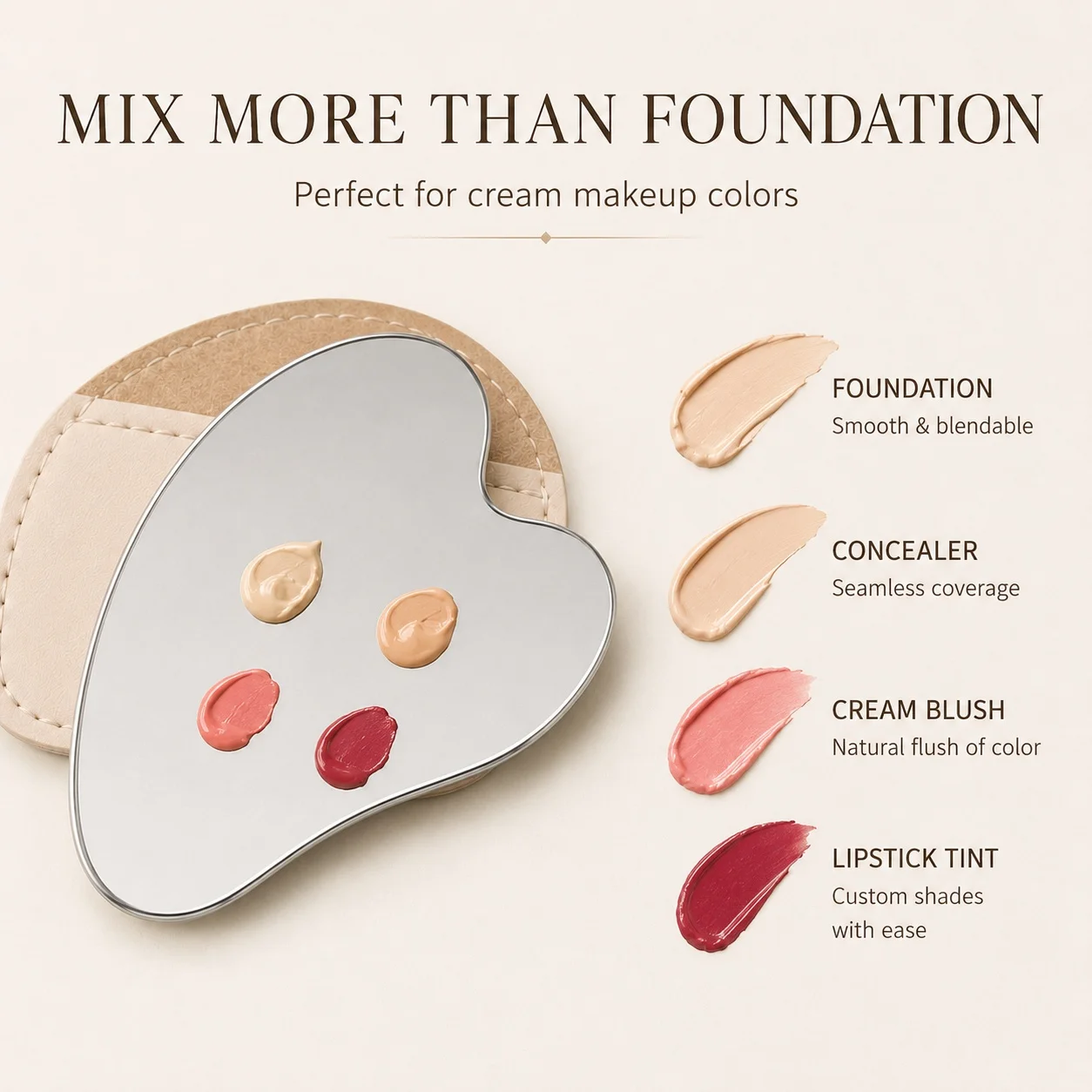 Beauty Makeup Tool - Herzförmige Edelstahl-Make-up-Mischpalette mit Lederhülle, Foundation-Concealer-Mischwerkzeug für