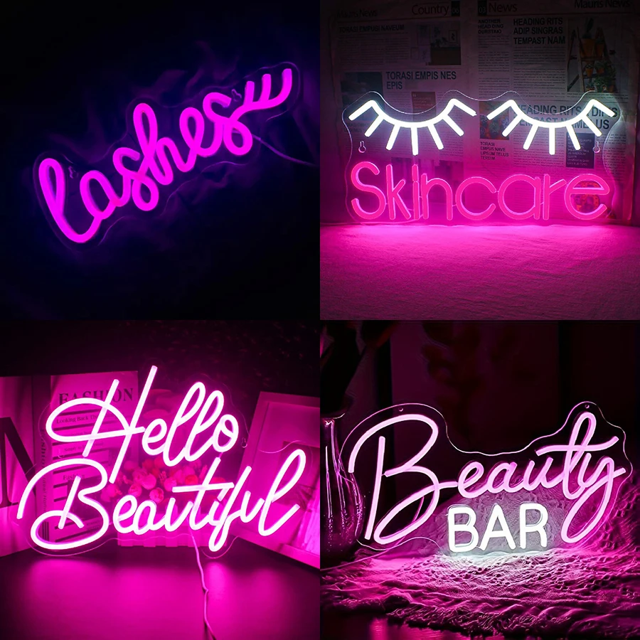 Beauty Makeup Bar - Neonschild, Wimpern, hellrosa, leuchtendes LED-Schild, USB-betrieben,
